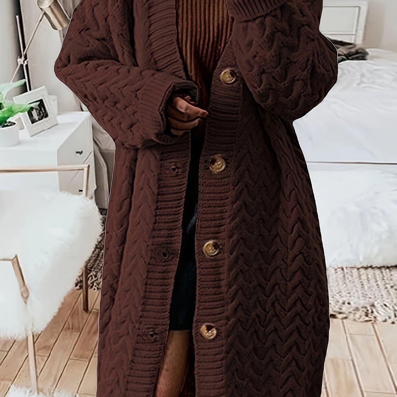 [Elegant Cardigan] Cozy Chic Women's Elegant Winter Longline Cardigan | Open Front Button Closure, Machine Washable Beige Sweater for Fall & Winter, Cute Sweater, Winter Apparel, Sophisticated Knitwear, Textured Pattern