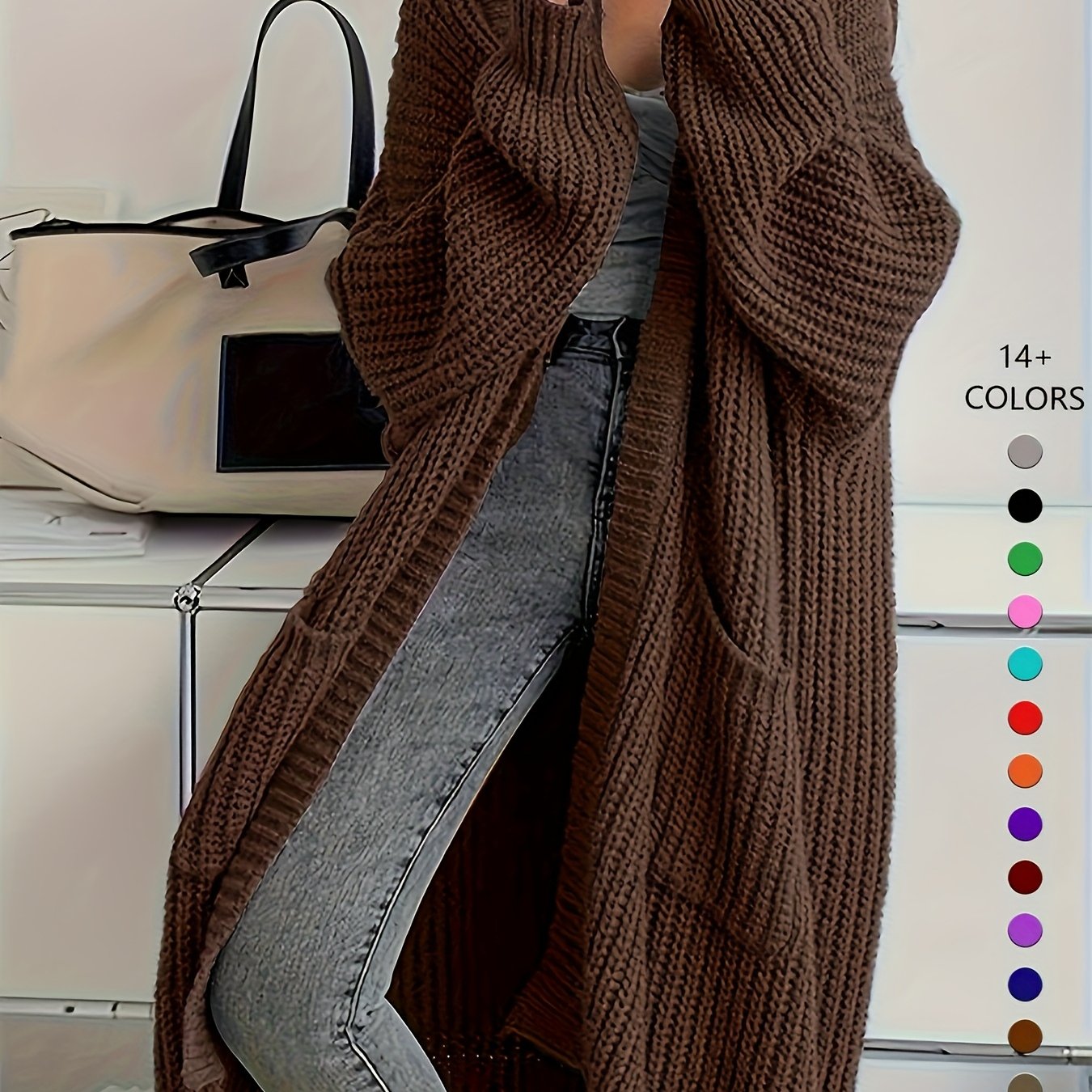 Women'S Chic Knee-Length Cardigan Sweater - Soft Open Front Sweater Coat, All-Season Layering Piece for Everyday & Formal Outfits - Available in Beige, Brown, Black, Blue, Green, Purple, Red, Orange, Pink, - Women'S Fashion O