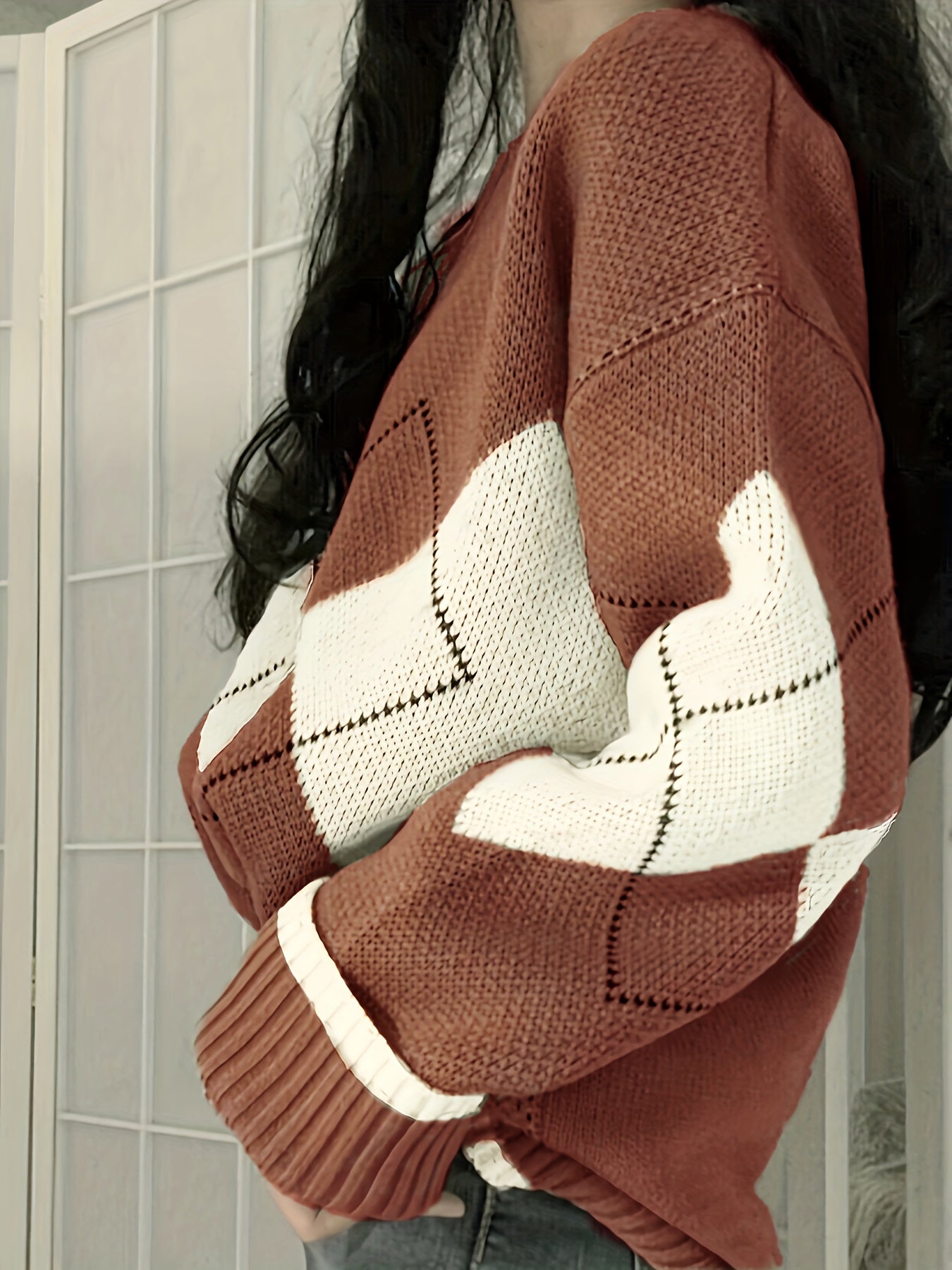 Women's Retro Geometric Rhombus Sweater - Brown & White Long Sleeve Pullover with Ribbed Cuffs, Cozy Winter Casual Top, Cute Sweater, Durable Knitwear