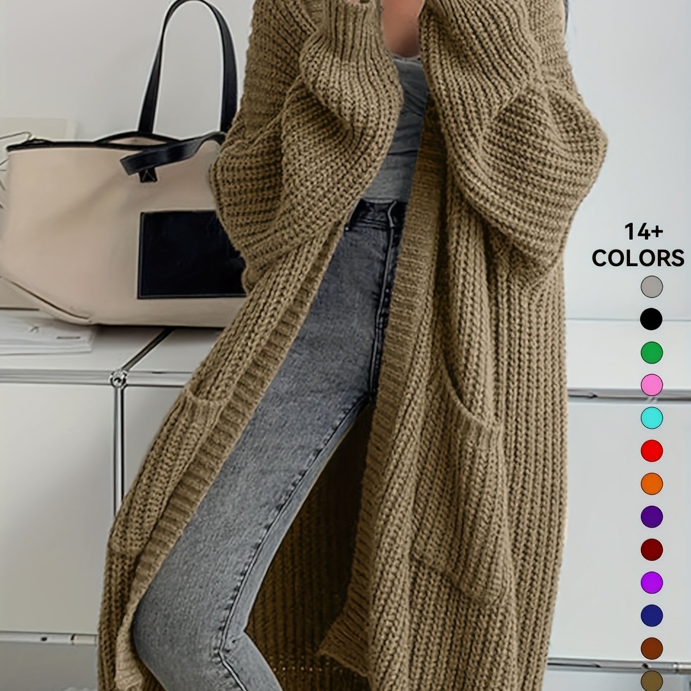 Women'S Chic Knee-Length Cardigan Sweater - Soft Open Front Sweater Coat, All-Season Layering Piece for Everyday & Formal Outfits - Available in Beige, Brown, Black, Blue, Green, Purple, Red, Orange, Pink, - Women'S Fashion O