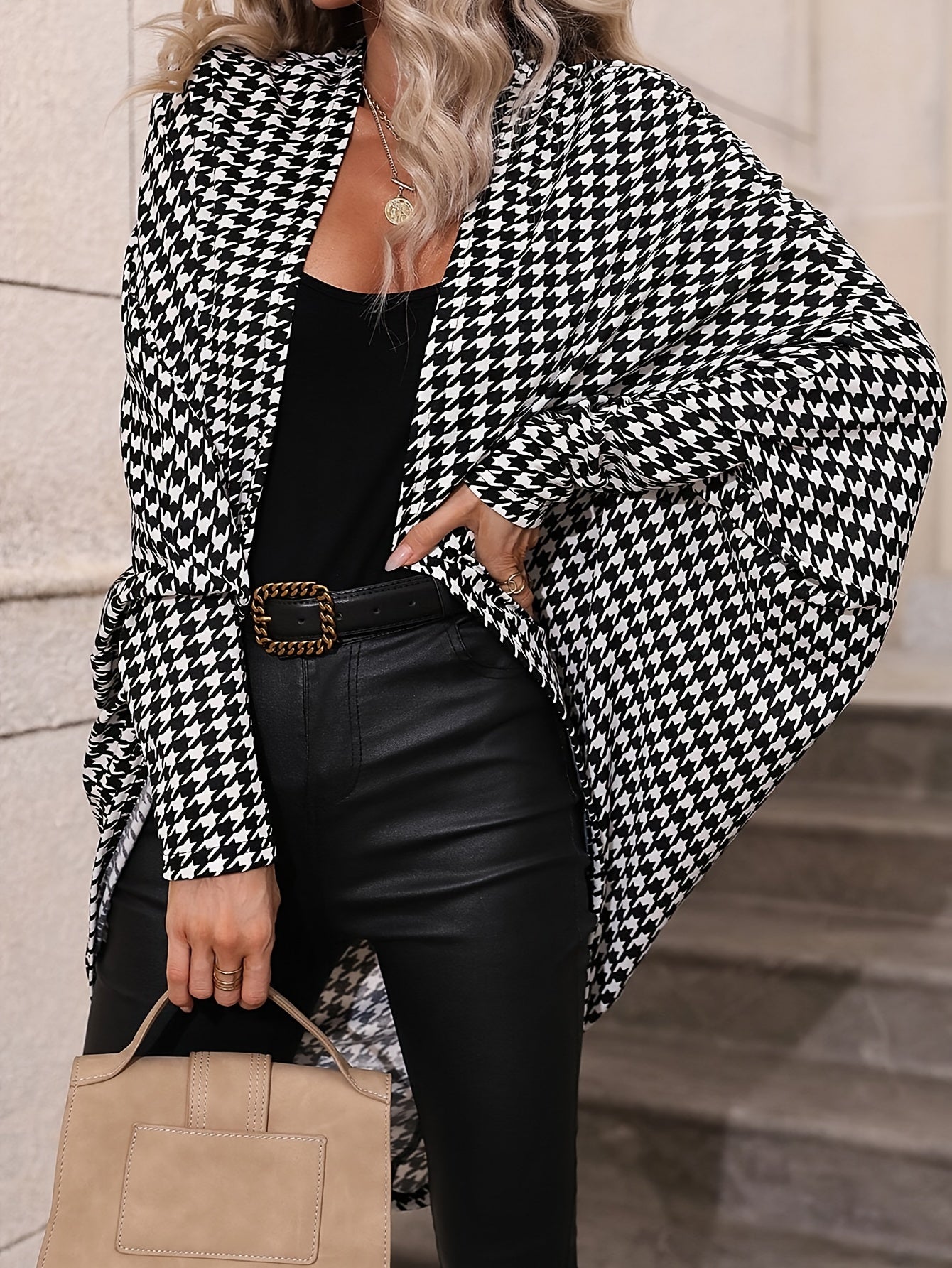 [Elegant Houndstooth Cardigan] Lightweight Elegant Women's Houndstooth Batwing Sleeve Cardigan | Open Front Sweater with Black & White Pattern, Medium Stretch, Machine Washable for Spring Summer Fall Layering, Cute Sweater, C
