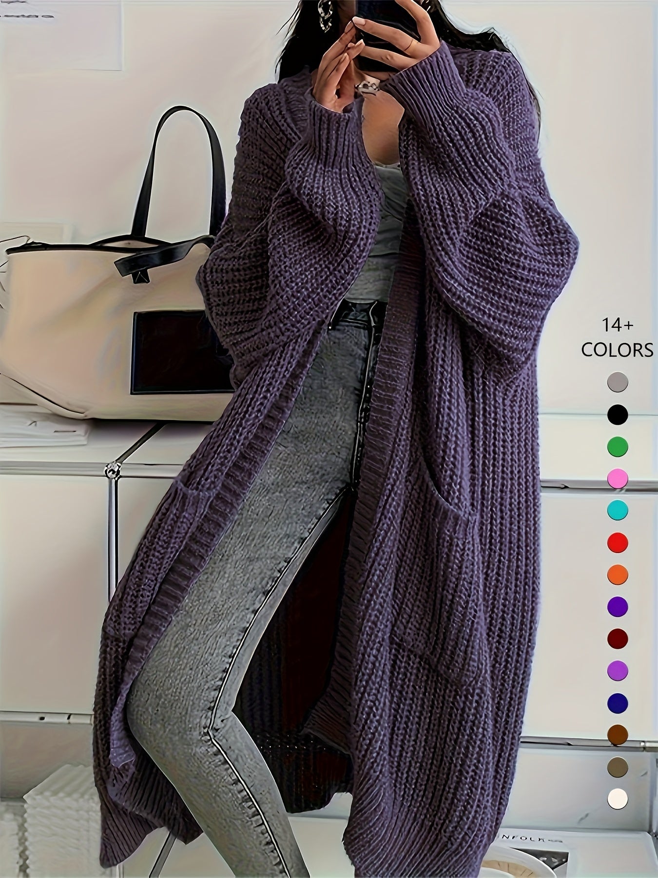 Women'S Chic Knee-Length Cardigan Sweater - Soft Open Front Sweater Coat, All-Season Layering Piece for Everyday & Formal Outfits - Available in Beige, Brown, Black, Blue, Green, Purple, Red, Orange, Pink, - Women'S Fashion O