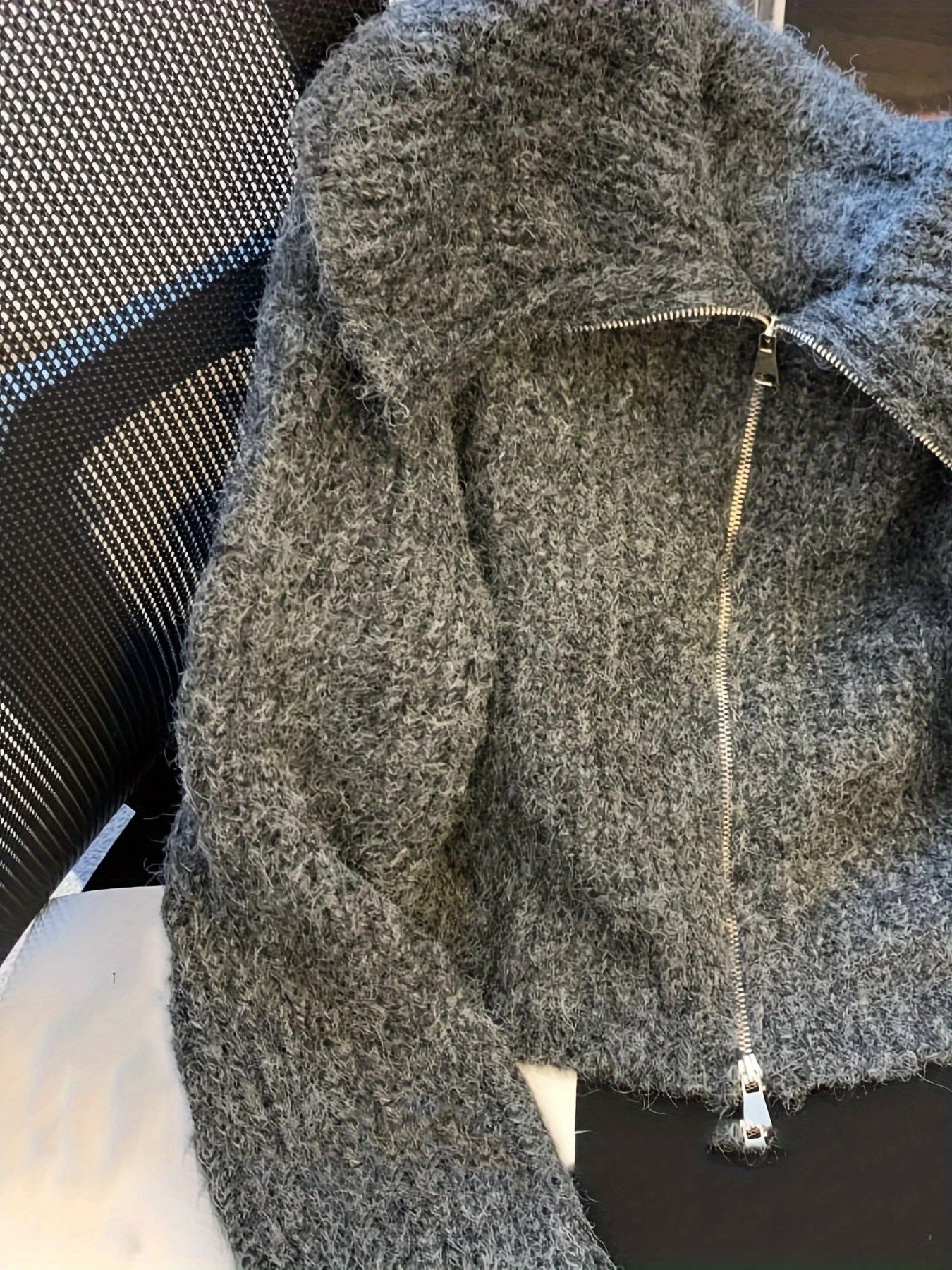 Creamy Lazy Style Double Zipper Doll Collar Sweater Coat for Women, Autumn Winter Soft Fuzzy Fleece Cardigan Top, Sweater Jacket, Cropped Sweater, Oversized Sweater, Cute Sweater