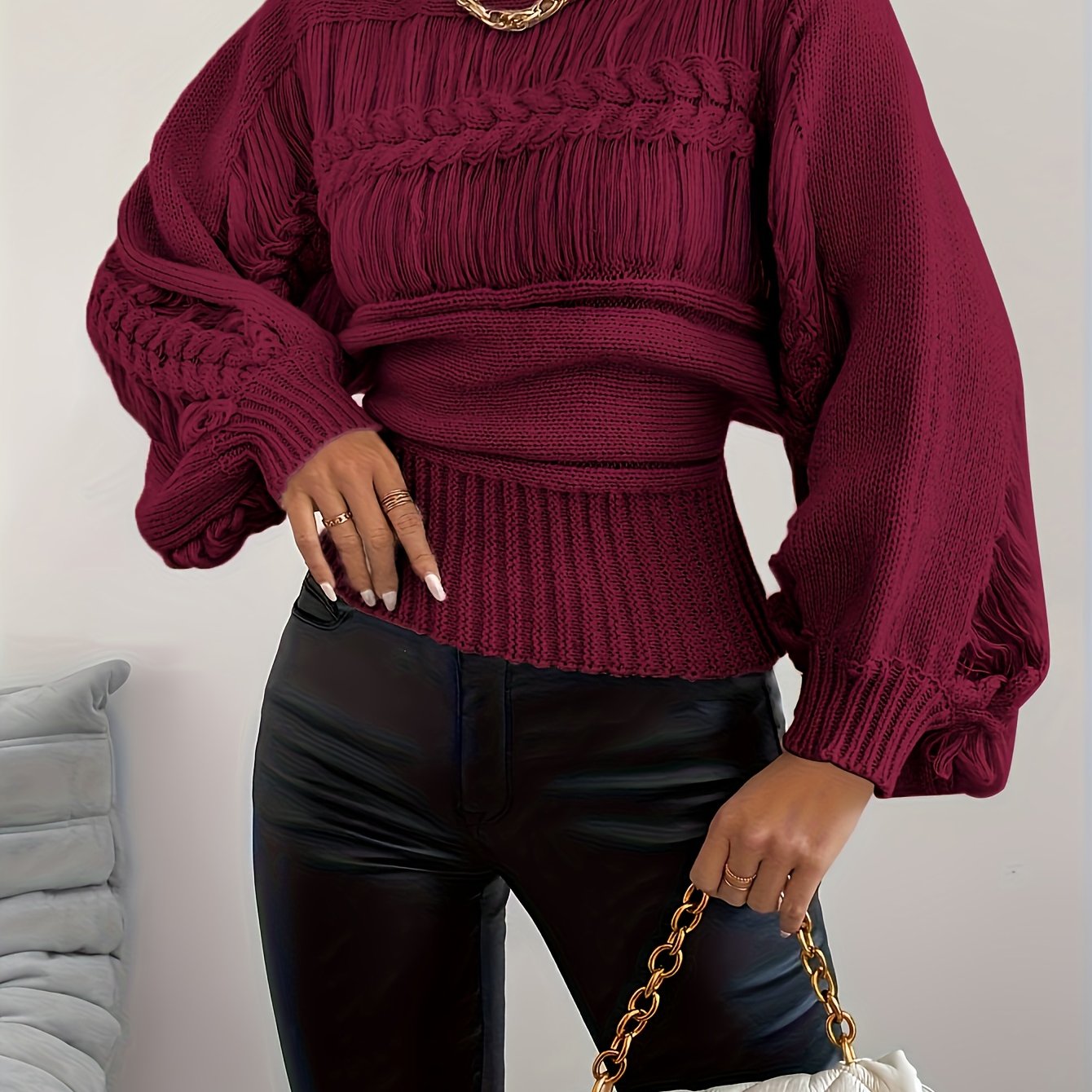 Women's Autumn Winter Round Neck Sweater - Soft Solid Color Casual Pullover, Elegant Middle Eastern-Inspired Design, Hand Wash/Dry Clean, Cozy Fall & Winter Wardrobe Essential, Cute Sweater, Textured Knitwear